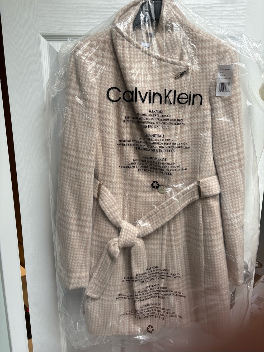 Calvin Klein Women's Light Beige Houndstooth Belted Trench Coat